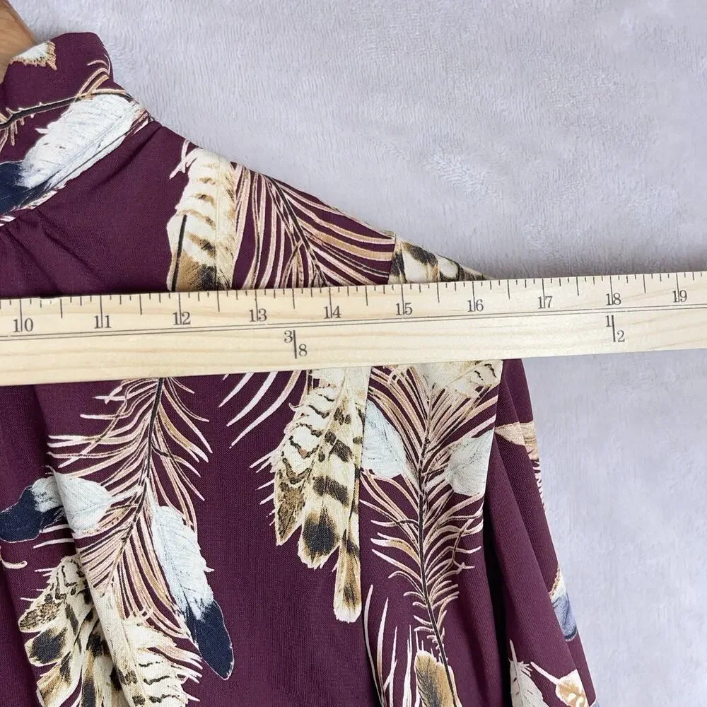 Pinkyotto New York Blouse Mock Nexk Feather Print Burgundy Top Med Boho Earthy